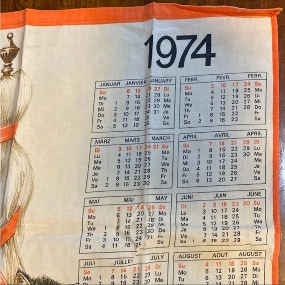 Vintage 1974 Fisba-Stoffels Tea Towel Calendar Cats Spinning Wheel Swiss